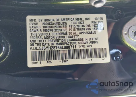 2006 Honda Element Ex-P z USA, uszkodzony, nr VIN 5J6YH28766L000711